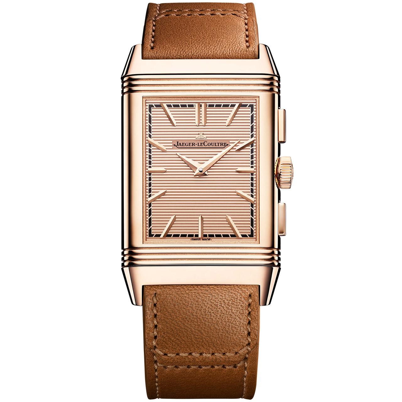 Jaeger-LeCoultre Reverso Tribute Chronograph Full Pink Gold ref. Q389256J front brown strap