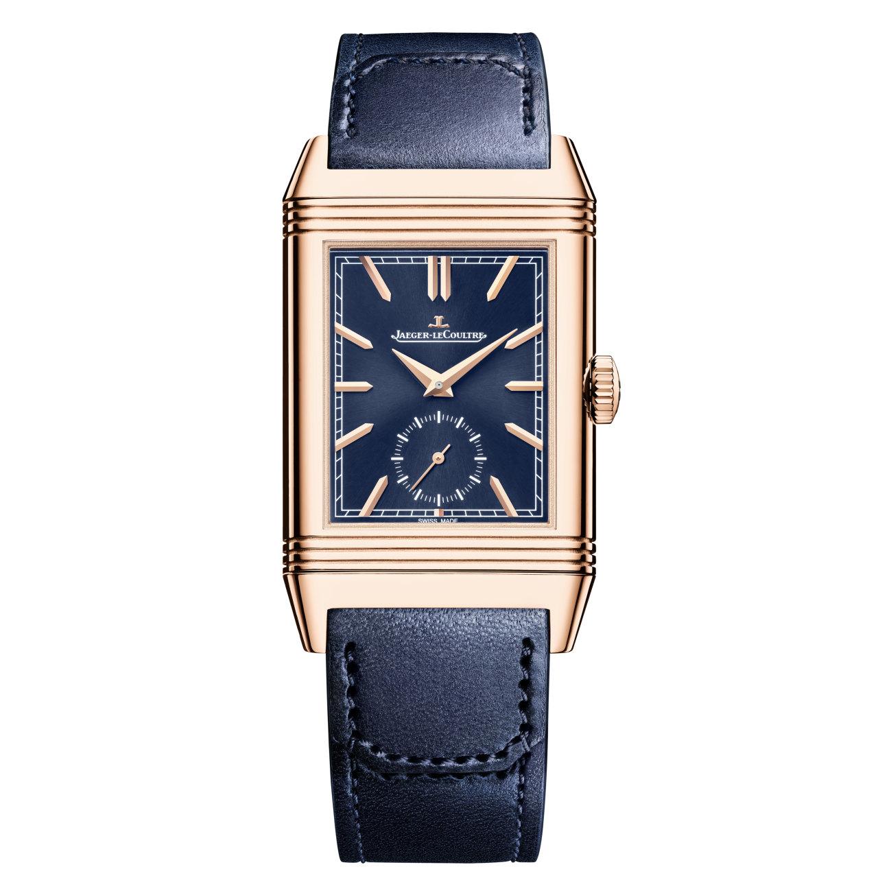 Jaeger-LeCoultre Reverso Tribute Duoface Small Seconds Pink Gold - Blue ref. Q3982590 front leather strap