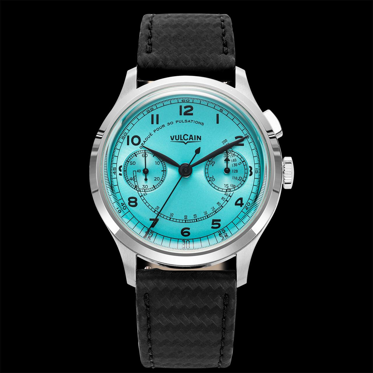 Vulcain Monopusher Heritage Green and Turquoise ref. 650167A38.BAC201 (turquoise) black strap