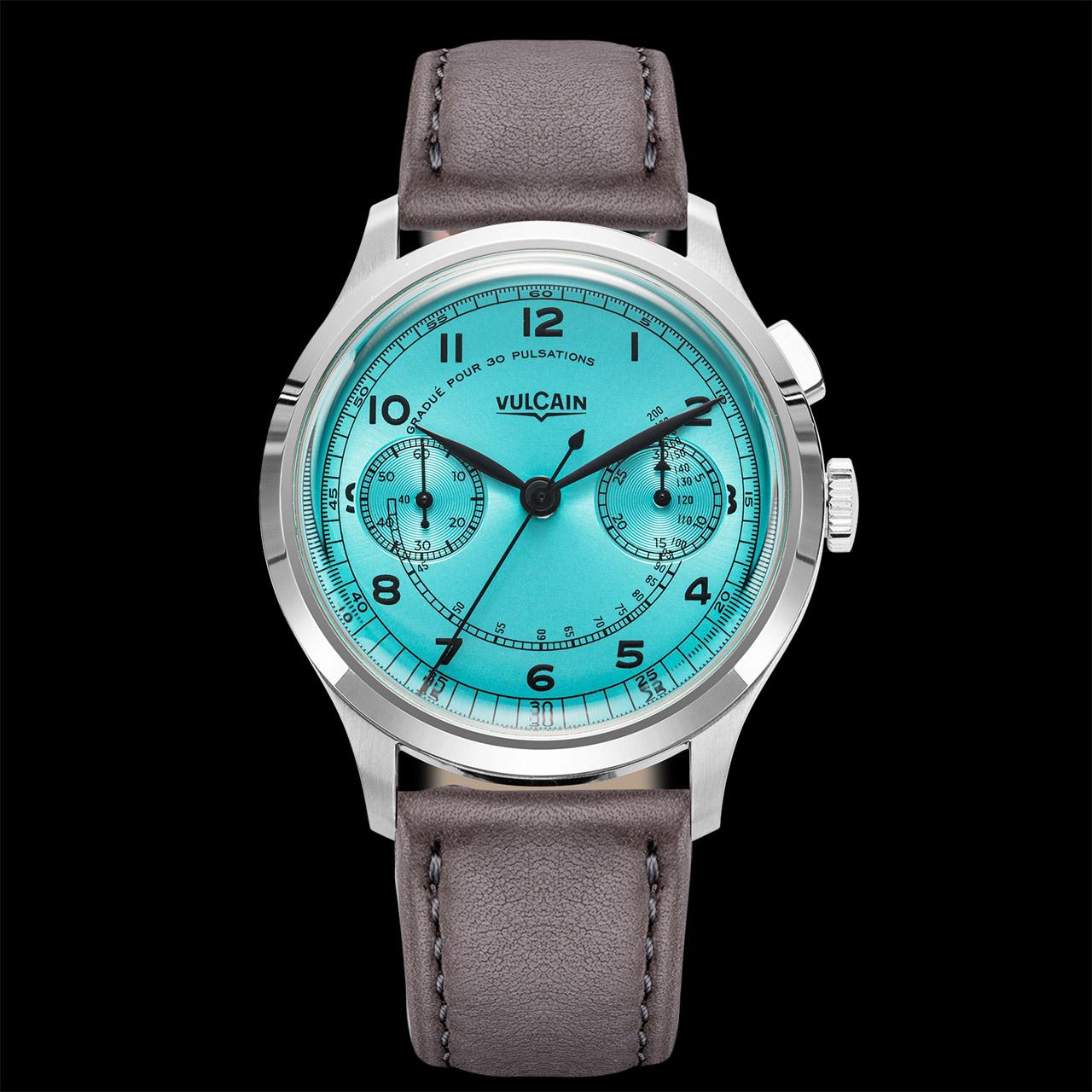 Vulcain Monopusher Heritage Green and Turquoise ref. 650167A38.BAC201 (turquoise) grey strap