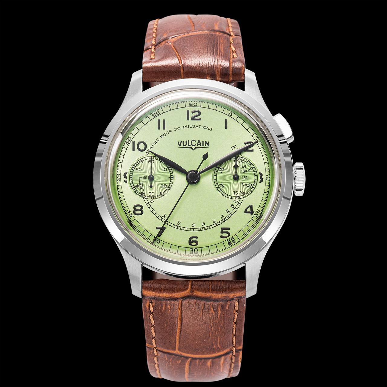 Vulcain Monopusher Heritage Green and Turquoise ref. 650167A98.BAC201 (green) brown strap