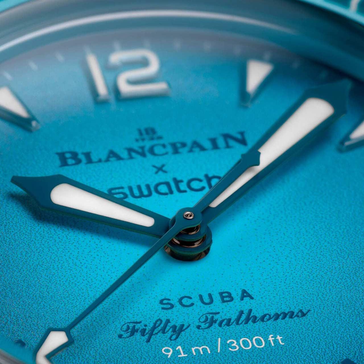 Blancpain x Swatch Bioceramic Scuba Fifty Fathoms Blue Lagoon ref. SO35L400 dial detail