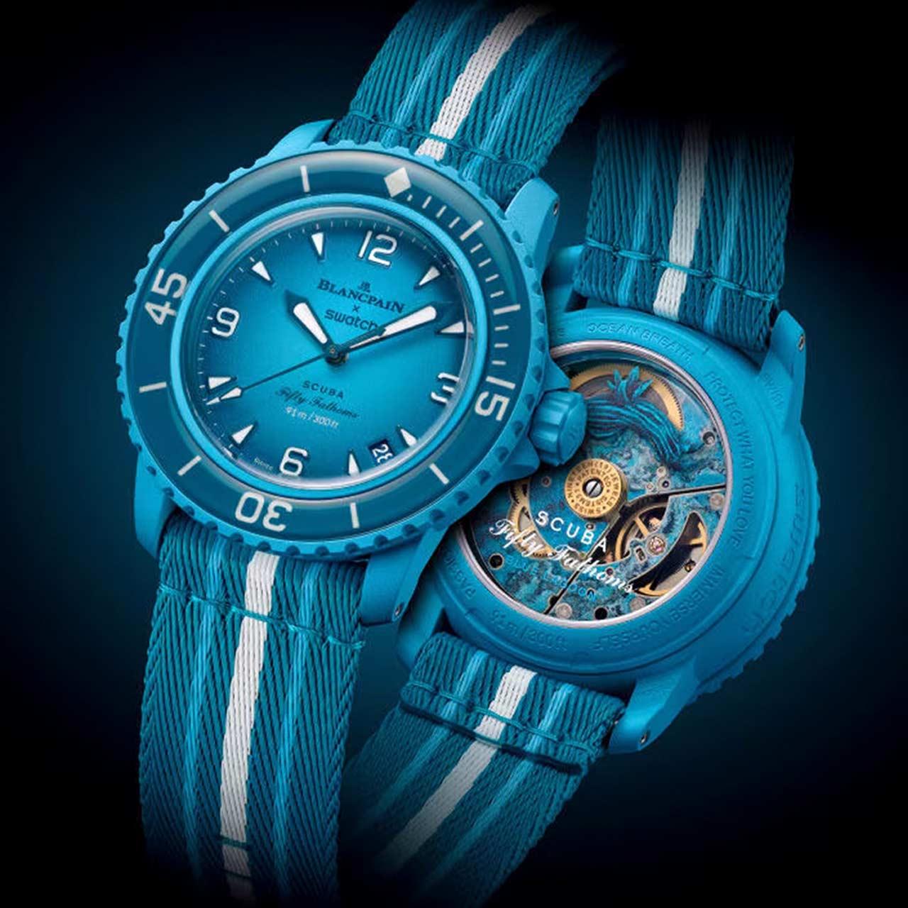 Blancpain x Swatch Bioceramic Scuba Fifty Fathoms Blue Lagoon ref. SO35L400 front-back