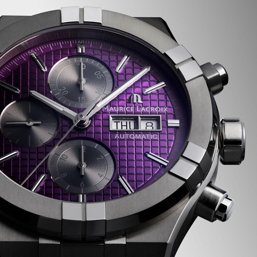 Maurice Lacroix Aikon Automatic Chronograph 44 mm Titanium ref. AI6038-TT032-430-1 purple detail