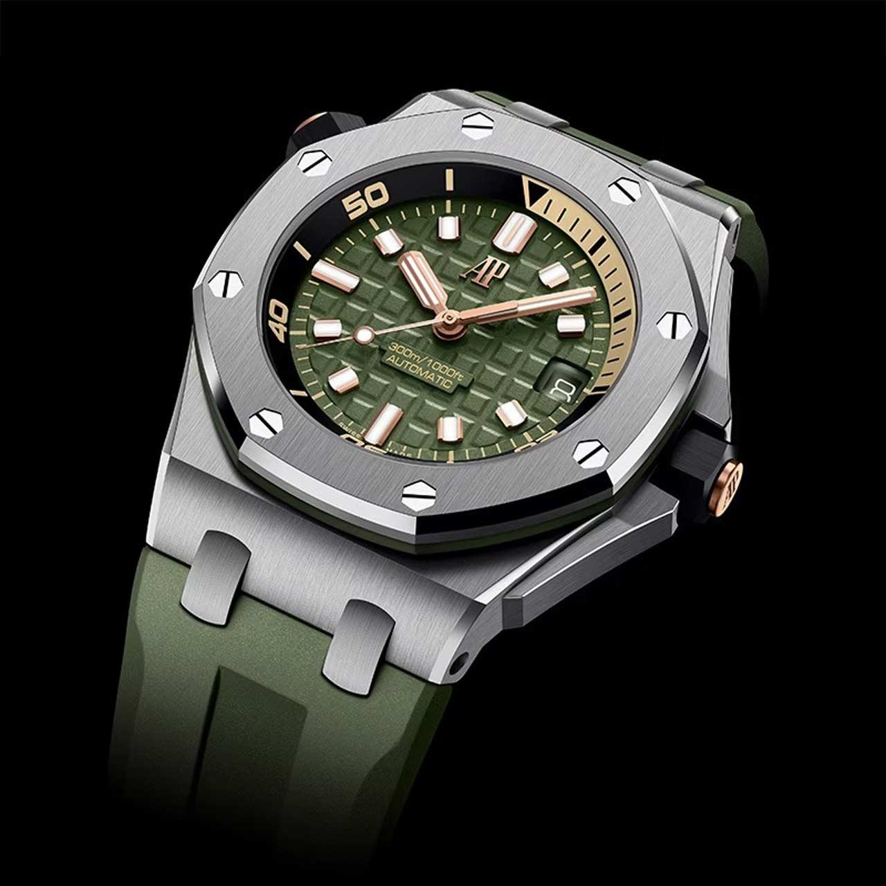 Audemars Piguet Royal Oak Offshore Diver Khaki Green ref. 15720ST.OO.A052CA.01 side