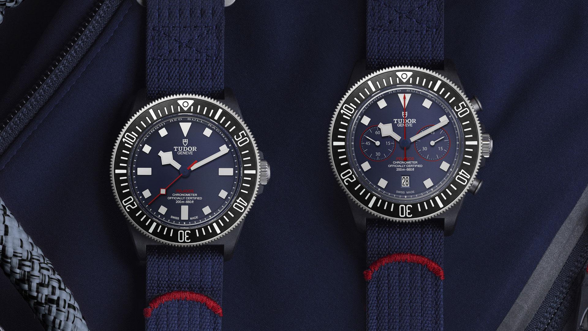 Tudor Pelagos FXD Alinghi Red Bull Racing Edition ref. 25707KN with the chronograph model on the right