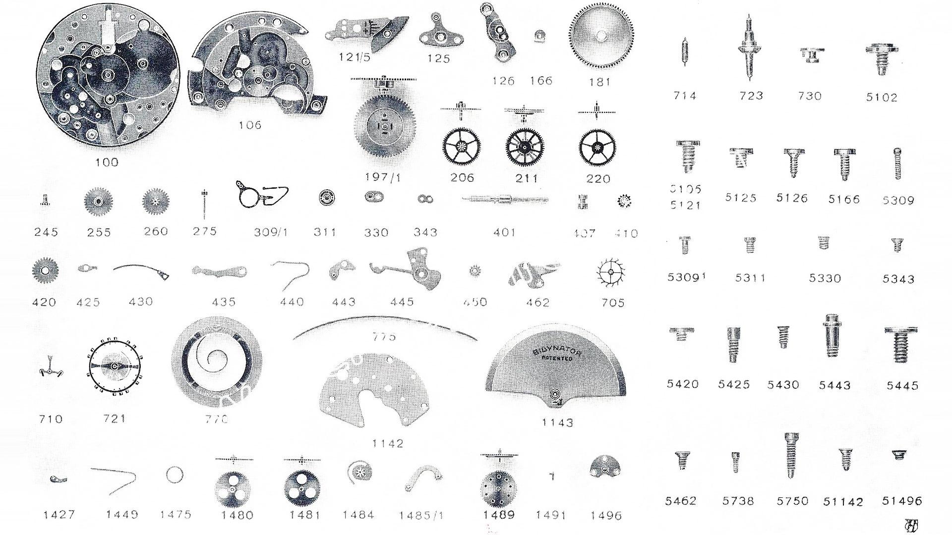 Felsa caliber 692 bidynator from 1948 exploded view