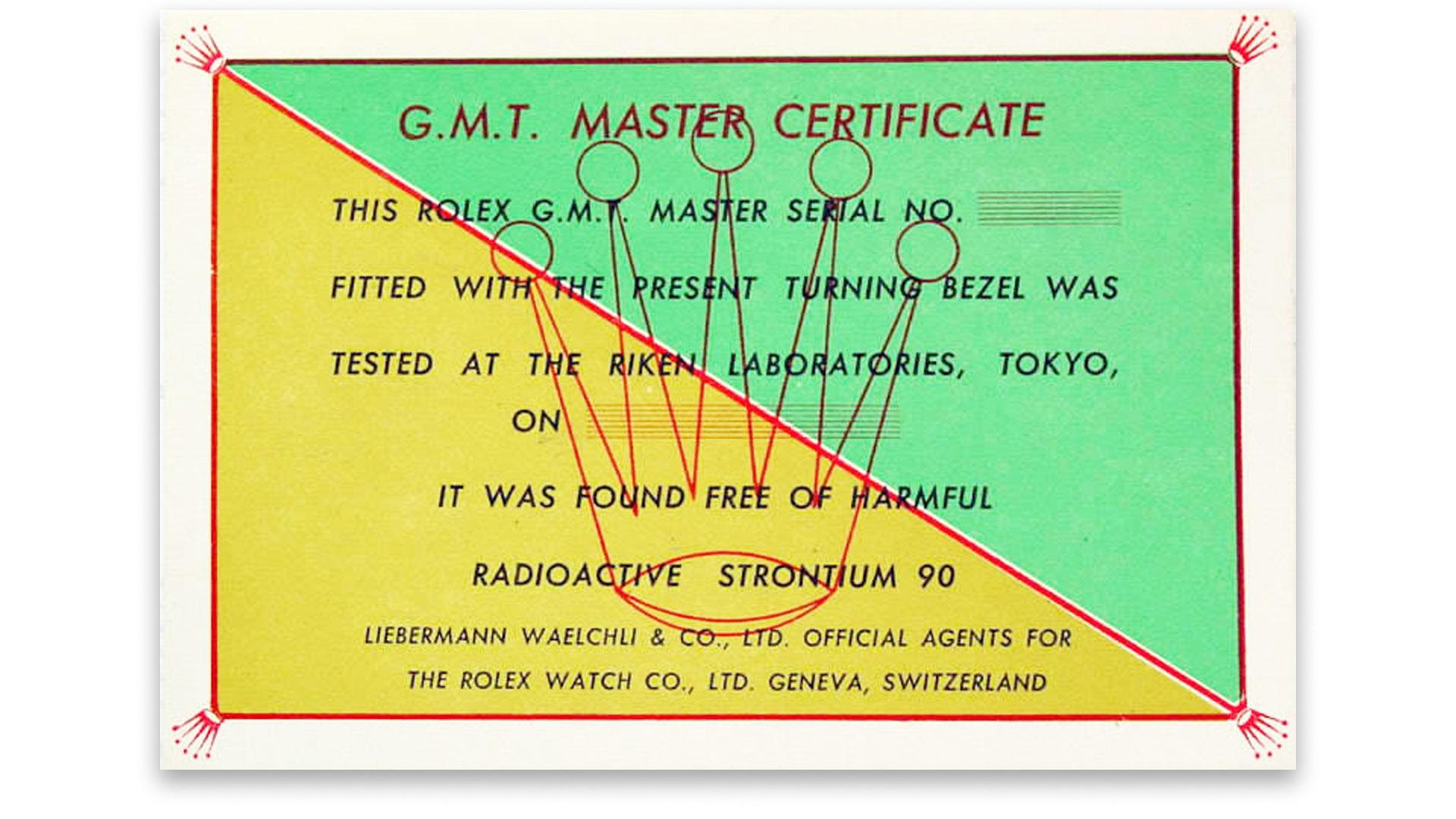 Rolex GMT-Master ref. 6542 not radioactive certificate