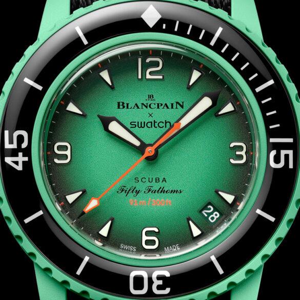 Blancpain x Swatch Bioceramic Scuba Fifty Fathoms dial