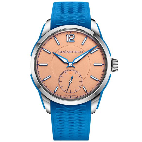 Grönefeld 1969 DeltaWorks in salmon with a blue rubber strap