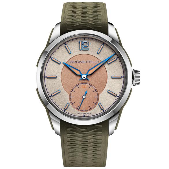Grönefeld 1969 DeltaWorks in salmon with a green rubber strap
