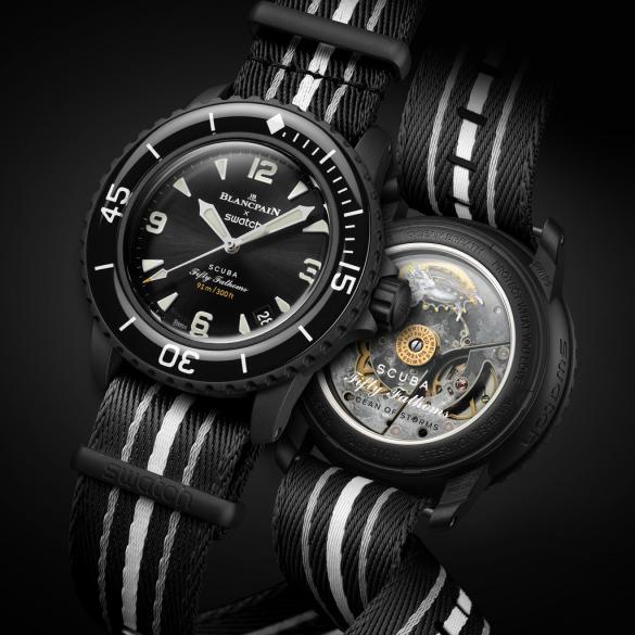 Blancpain x Swatch Bioceramic Scuba Fifty Fathoms Ocean of Storms ref. SO35B400 front and back